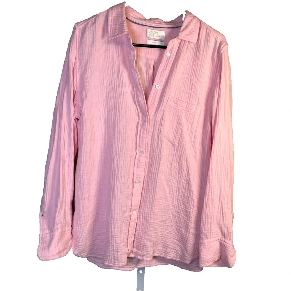 J.Crew Women's Button Up Shirt Small Loungwear Soft‎ Cotton Pink Long Sleeve